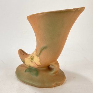 Vtg Weller Vase Cornucopia Horn Pottery Stoneware Multicolor Wild Rose Flower